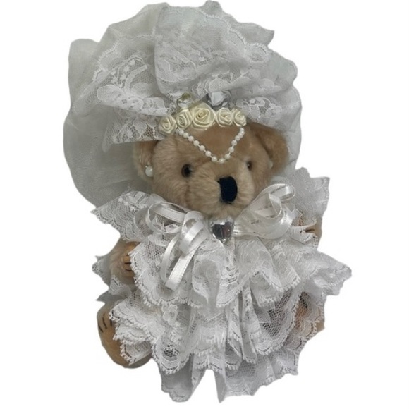 Handcrafted Bear Luxury Plush Floral Lace Pearls CottagecWhite Satin Heart Bow